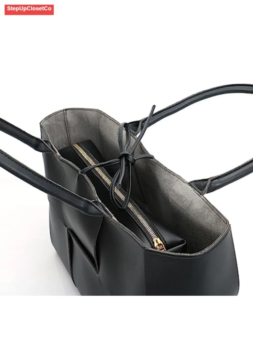 Faux Leather Woven Satchel Tote Work Bag with Matching Clutch